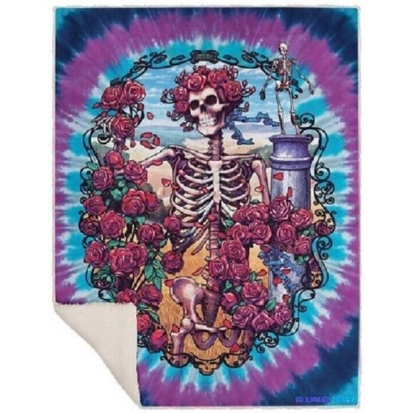 New Skeleton & Roses Grateful Dead Bertha Sherpa Gift Throw Blanket Tie Dye 30th - Picture 5 of 5
